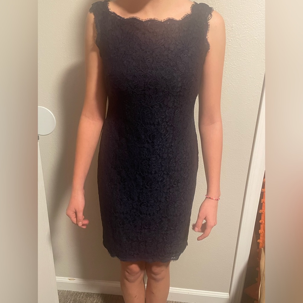 Adriana Papell Navy Eyelash Lace Cocktail Dress